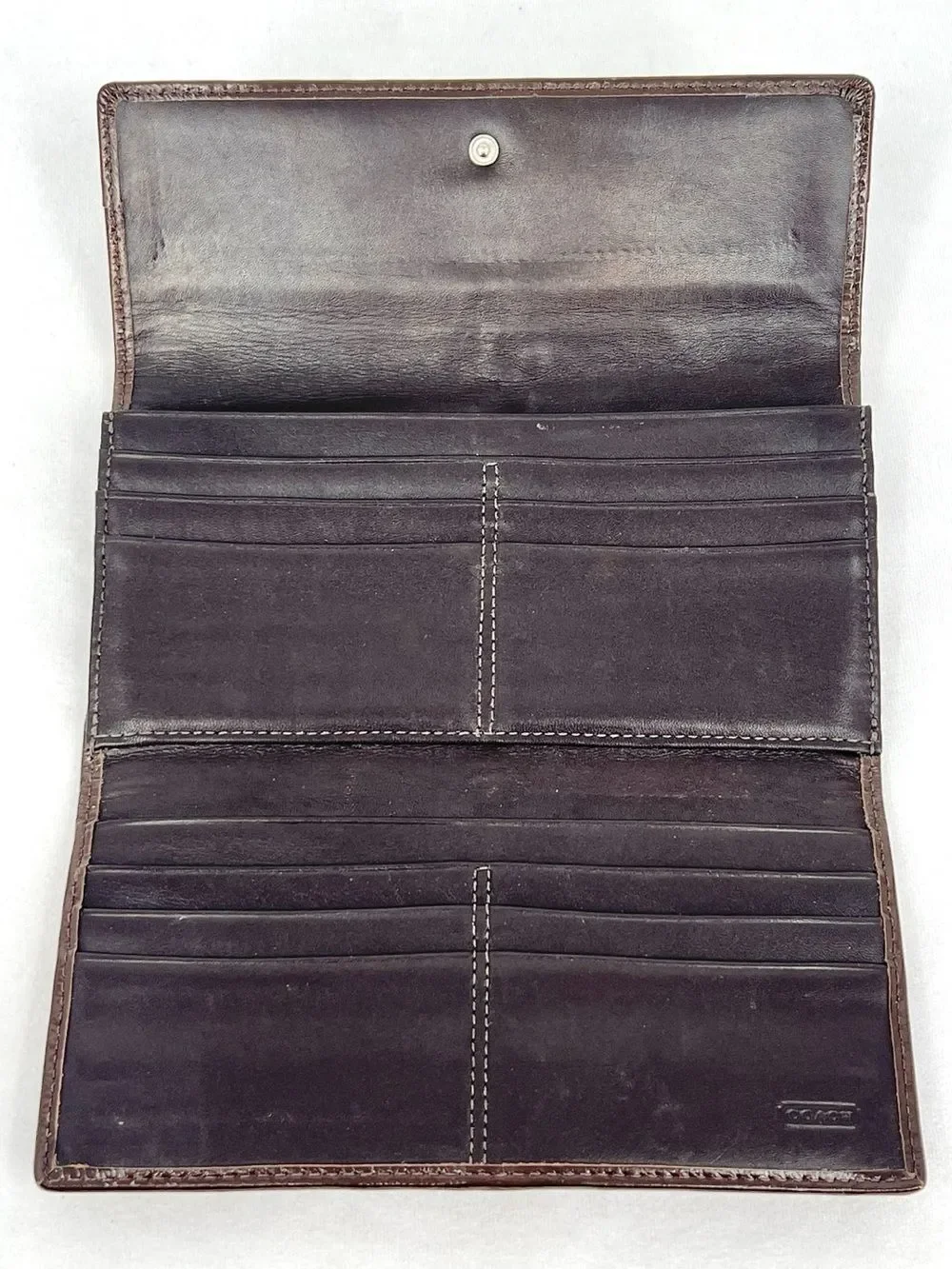 Coach Signature Canvas Khaki Jacquard Brown Leather Trifold Snap Closure Wallet